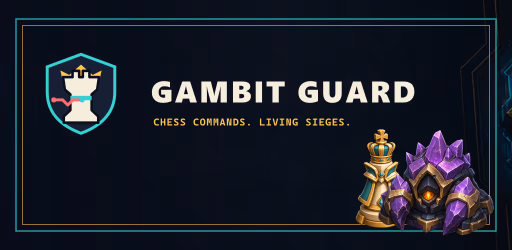Gambit Guard crowned rook crest beside chess defenders