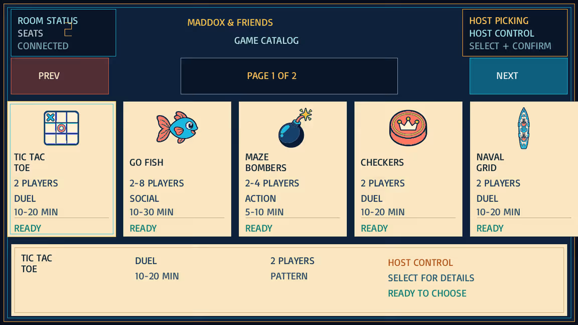 Maddox and Friends catalog showing Tic-Tac-Toe, Go Fish, Maze Bombers, Checkers, and Naval Grid