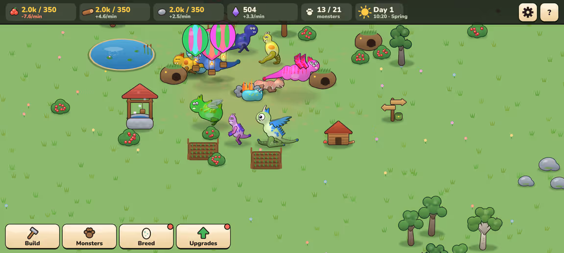 Monster Hollow village with hot air balloons drifting over a meadow of monsters