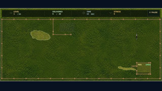 Sheep Herder game field with a border collie directing a flock